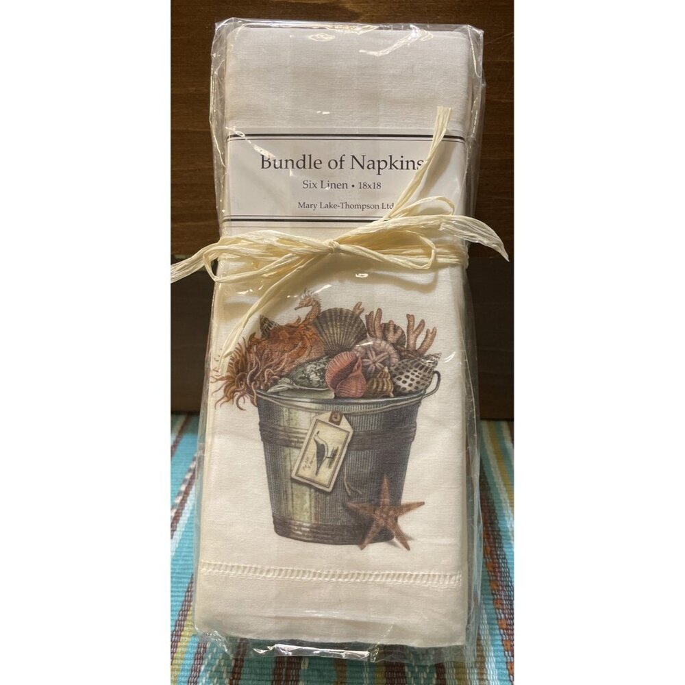 Mary Lake Thompson Linen Seashell Bucket Napkins Set‎ Of 6 NEW 18 X 18 Beach